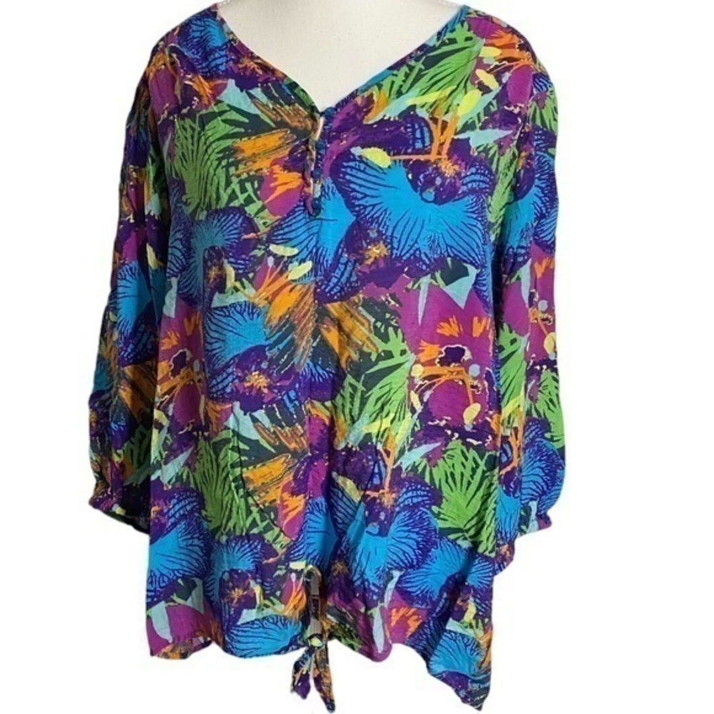 Westbound Blue Tropical Floral 3/4 Sleeve Blouse with Tie